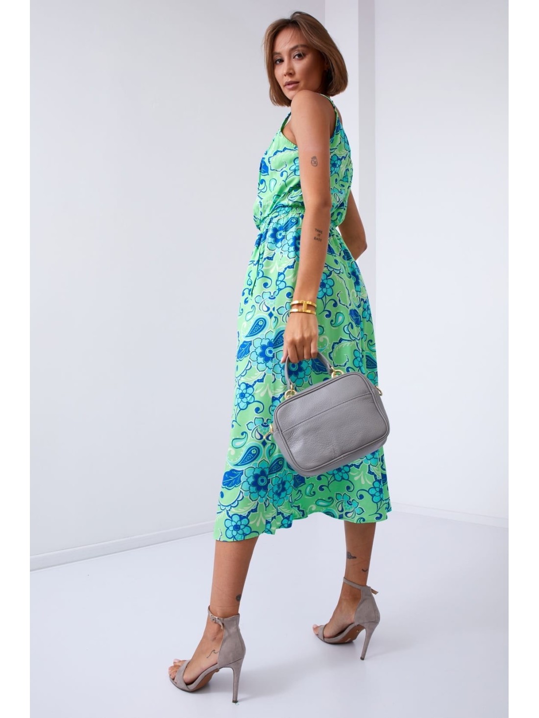 Patterned summer dress with straps, green 110600 - Online store - Boutique